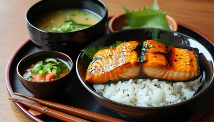 Grilled Salmon Dish with Teriyaki Sauce and Rice Served with Miso Soup and Side Salad