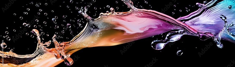 Poster a vibrant splash of colorful liquid against a dark background, showcasing dynamic movement and intri