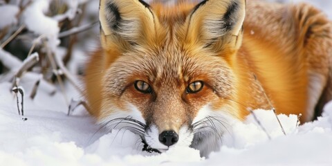 Fototapeta premium A close-up of a red fox resting in the snow, showcasing its vibrant fur and keen eyes.