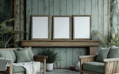 Three blank frames on rustic mantel, patio seating, plants.