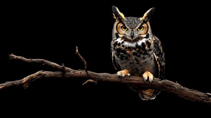 Obraz premium A majestic owl perched on a branch against a black background.
