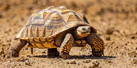Fototapeta premium A close-up of a tortoise walking on dry ground, showcasing its detailed shell and texture.