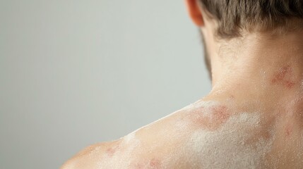 Close-up of the human shoulder with visible skin condition, highlighting texture and detail of affected area for medical context.