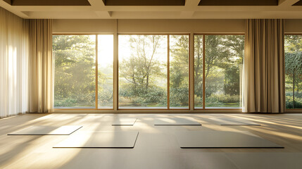 Obraz premium Sunlight filters into a serene yoga studio with nature views during morning hours