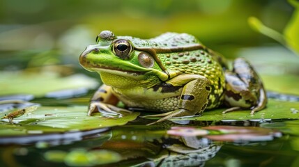 A close-up of a vibrant green frog resting on lily pads in a serene pond environment.