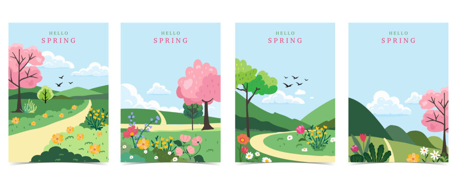 Spring landscape background with mountain and tree  for a4 vertical design