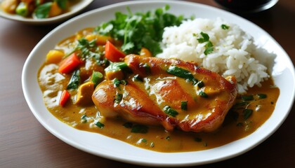 Succulent Pork Katsu Served with Rich Curry Sauce, Jasmine Rice, and Fresh Herbs on a Plate