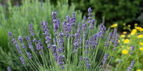 Obraz premium A close-up of blooming lavender flowers in a garden setting.