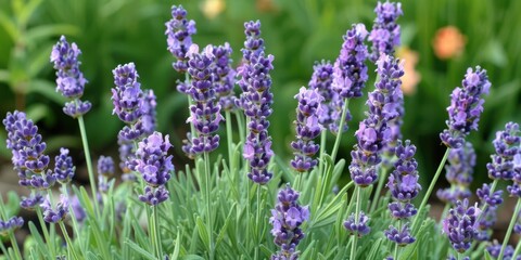 Obraz premium A close-up of blooming lavender flowers in a garden setting.