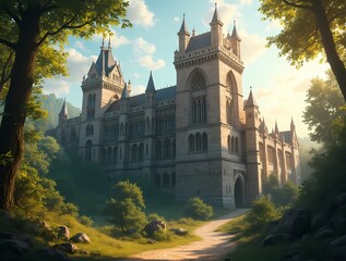 Fototapeta premium Gothic castle during the day in the bright summer sun, surrounded by a summer forest