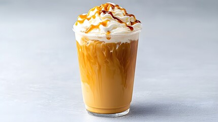 A close-up of a caramel iced coffee drink in a clear plastic cup.