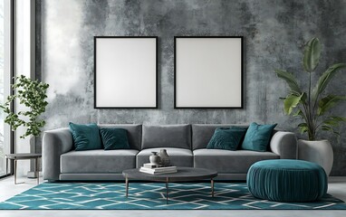 Modern living room with blank frames, sofa, plants, and decor.