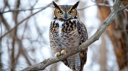 Obraz premium A majestic owl perched on a branch, showcasing its striking features and natural habitat.