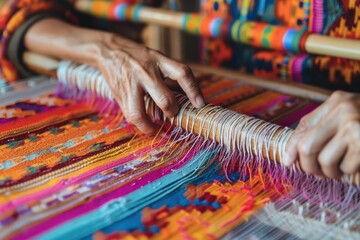 A close-up of hands weaving colorful textiles on a loom, showcasing traditional craftsmanship.