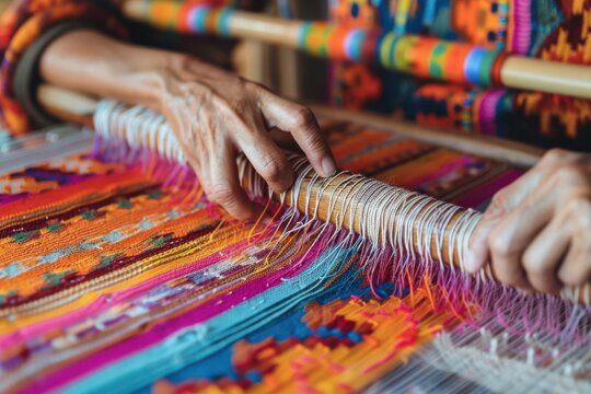 A close-up of hands weaving colorful textiles on a loom, showcasing traditional craftsmanship.