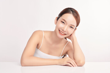 Beautiful young asian woman with clean fresh skin on white background, Face care, Facial treatment, Cosmetology, beauty and spa, Asian women portrait.