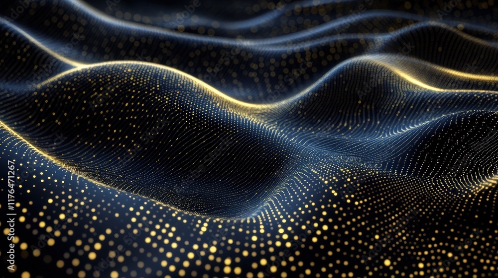 Poster futuristic abstract technology background with flowing waves and golden dots in a digital style for 