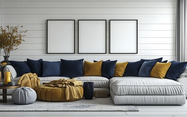 Modern living room interior with blank frames, cozy sofa, and decor.