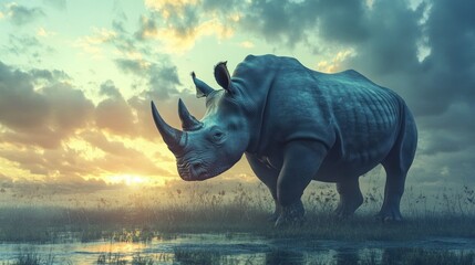 Fototapeta premium A majestic rhinoceros stands in a serene landscape at sunset, showcasing wildlife beauty.