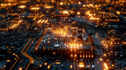 A close-up view of a circuit board with glowing components, representing technology and innovation.