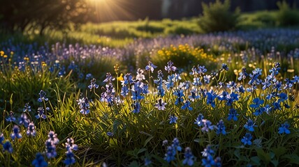 Serene Sunrise Meadow Blue Flowers and Gentle Morning Light V7