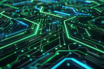 A close-up view of a futuristic circuit board with glowing lines and nodes.