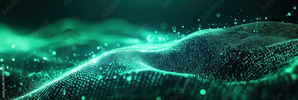 Poster abstract digital waves representing data flow in cyberspace with bright green particles and 3d visua