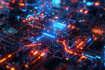 Obraz premium A close-up view of a vibrant circuit board with glowing lights and intricate pathways.