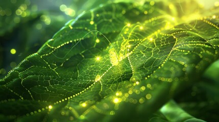 A close-up view of a vibrant green leaf illuminated with glowing particles, showcasing nature's beauty.
