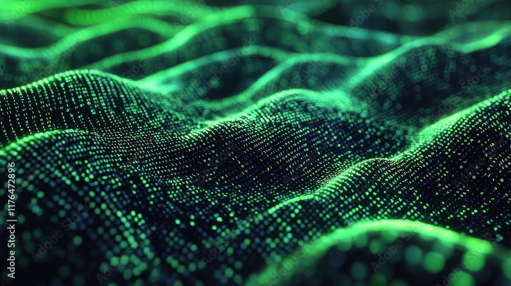 Fototapete Abstract Digital Landscape with Green and Black Waves Representing Data Flow and Technology in Cyberspace Environment