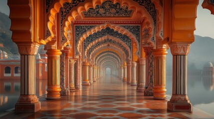 Obraz premium Ornate colonnade, water reflection, architectural marvel.