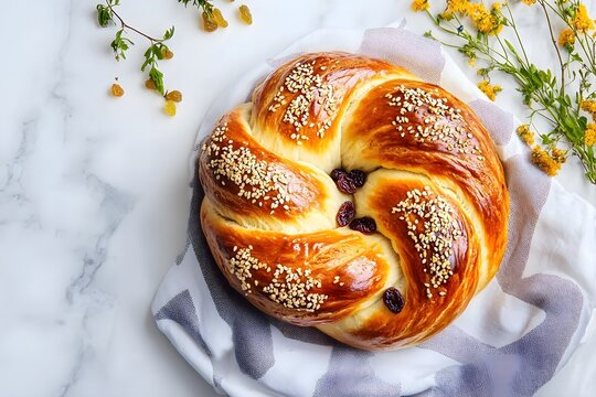 A round pastry with sesame seeds and berries on top sits on a white plate