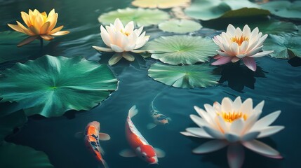Tranquil Pond Oasis, serene water surface reflecting lotus blooms, graceful koi fish gliding, surrounded by lush greenery and peaceful ambiance