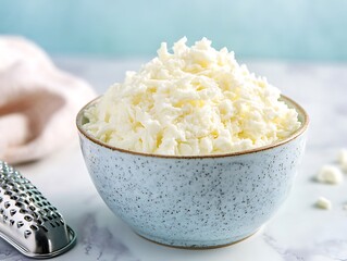 Shredded mozzarella cheese in a ceramic bowl, placed on a marble countertop with a cheese grater nearby, isolated on a pastel blue background