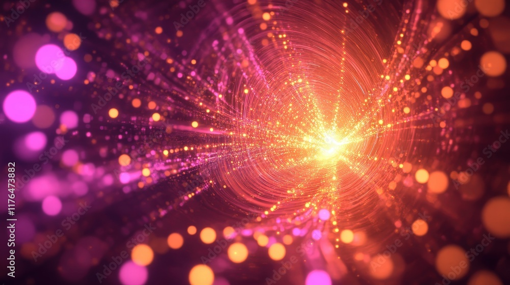 Poster abstract technology background with glowing particles and data visualization elements in vibrant col