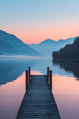 Obraz premium Serene Lakeside Dawn with Wooden Pier and Misty Mountains in the Background