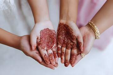 Two women with henna designs on their hands are holding hands