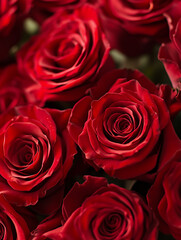 Obraz premium Bouquet of bright red roses close up. Romantic beautiful bouquet for Valentine's Day, March 8th, anniversary, birthday.