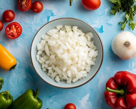 A bowl of diced onions, surrounded by fresh tomatoes and bell peppers, isolated on a soft blue background styled for fresh ingredients