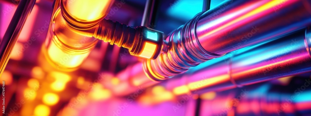 Poster vibrant close-up of illuminated industrial electrical conduits showcasing a spectrum of colors and i