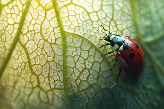 A detailed macro view of a ladybug on a leaf, with intricate veins and a dreamy out-of-focus natural backdrop.