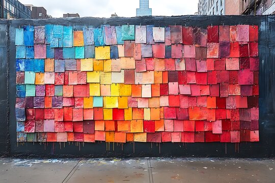 A vibrant and multicolored mural composed of square paint chips arranged in a gradient on a city wall.