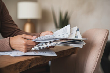 Person anxiously reviewing bills and financial statements at home