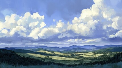 Cloudy Horizon Over Lush Hills, billowing clouds cast shadows on verdant slopes, creating a serene and dramatic landscape view.