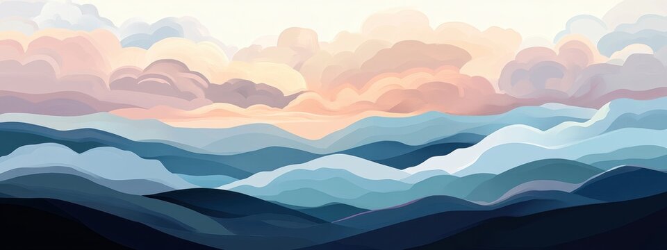 Cloudy Skies Above Undulating Hills, A serene landscape featuring soft clouds drifting over gently rolling terrain, evoking tranquility and contemplation.