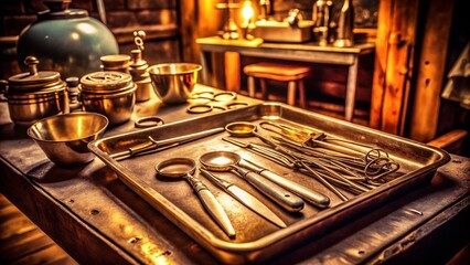 Vintage Medical Procedure: Curettage, Retro Surgical Tools, Sterile Environment