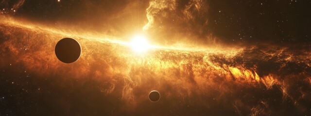 Vibrant Cosmic Nebula with Distant Stars and Planets, an expansive view of swirling colors and celestial wonders in the universe