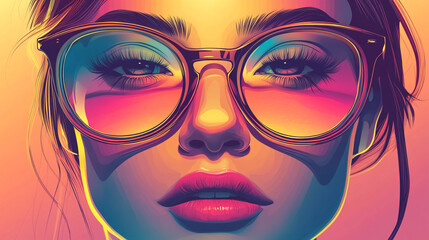 Colorful portrait of a woman in stylish sunglasses with a vibrant sunset background © Jhati