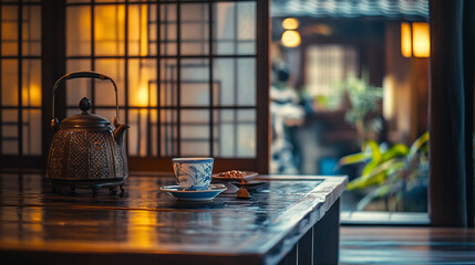 Traditional tea set on a wooden table in a serene Japanese tea house during the evening