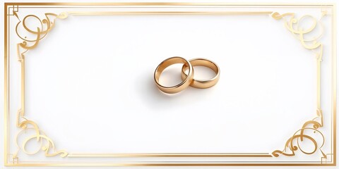Gold wedding rings centered on white background with ornate golden filigree border creating formal ceremonial design. Classic matrimonial elegance concept.